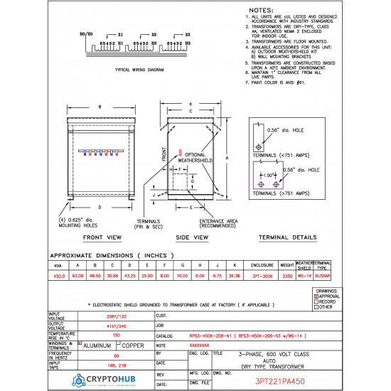 450kVA | 208V to 240V/415V Transformer