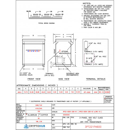 600kVA | 208V to 240V/415V Transformer