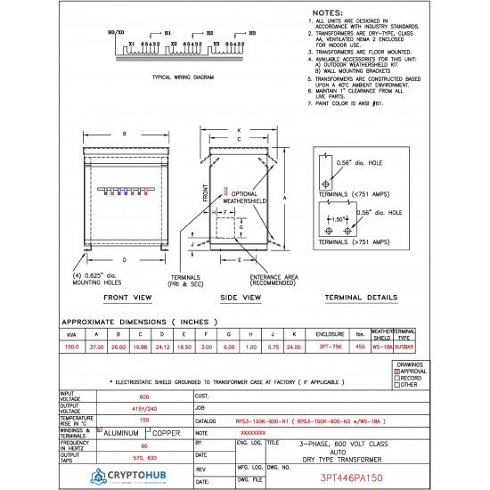 150kVA | 600V to 240V/415V Transformer